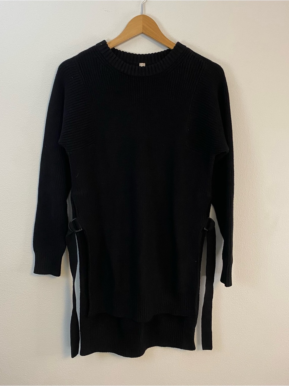 Athleta Black Long Sleeve Knit Sweater Dress Ribbed with Side Slit Womens XS